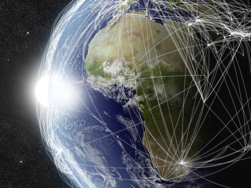 Africa region with network representing major air traffic routes. Elements of this image furnished by NASA.